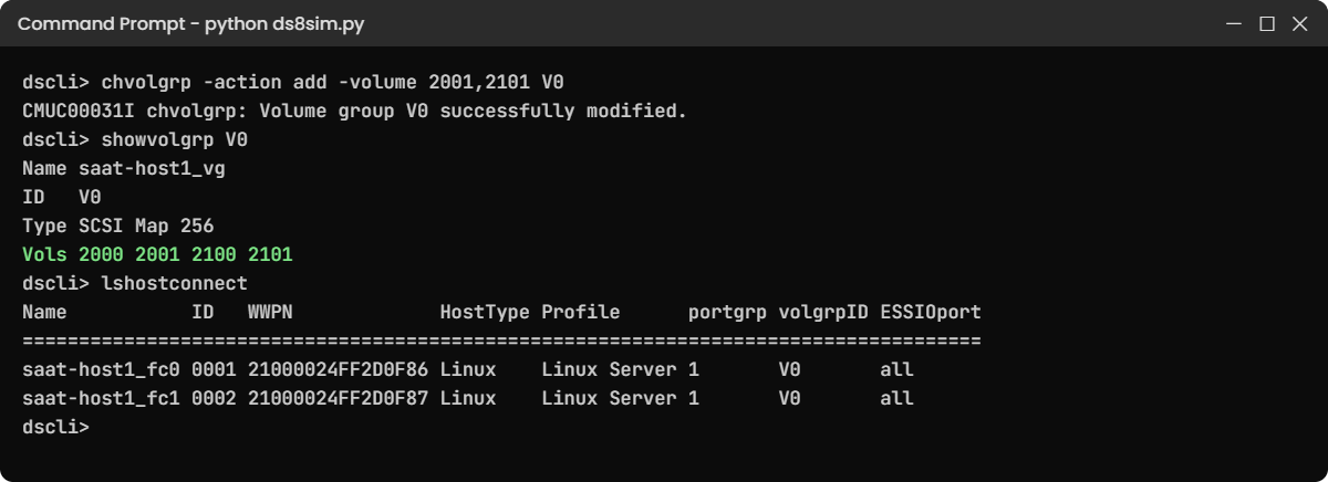 chvolgrp, showvolgrp and lshostconnect in the practice shell lab