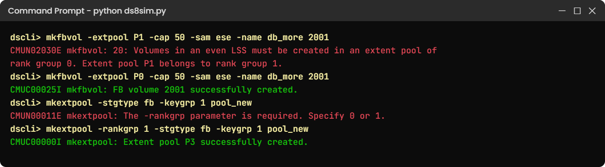 Practice shell errors: even LSS volume in a rank group 1 pool, and mkextpool without -rankgrp