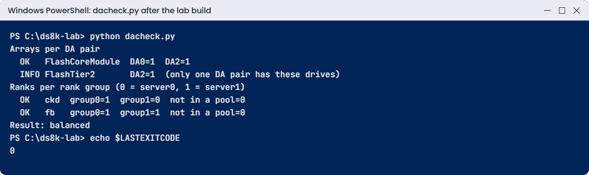 dacheck.py output: arrays balanced across DA pair 0 and 2