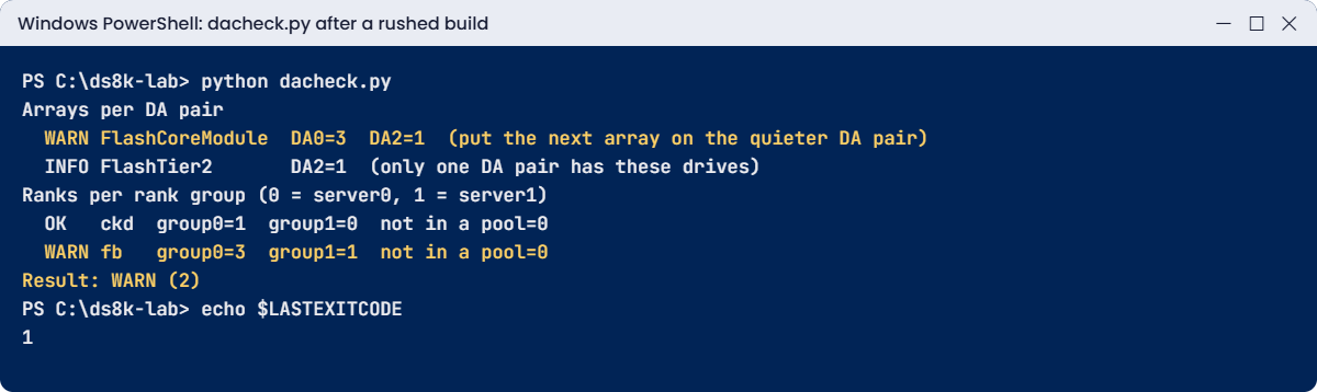 dacheck.py WARN: three arrays on DA pair 0 after a rushed build