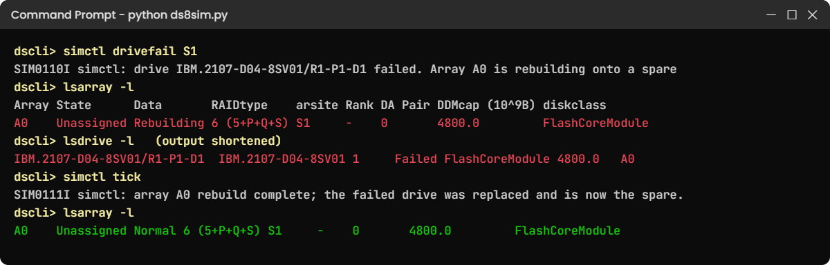 Practice shell drive failure: array A0 rebuilding onto a spare, then back to Normal