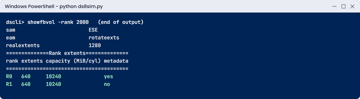 Practice shell showfbvol -rank: 640 extents on R0 and 640 on R1