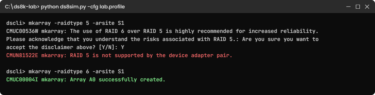 RAID 5 refused on DS8A00 with CMUN81522E, RAID 6 array created