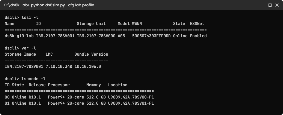 Practice shell lssi -l, ver -l and lspnode -l output on the lab DS8A50
