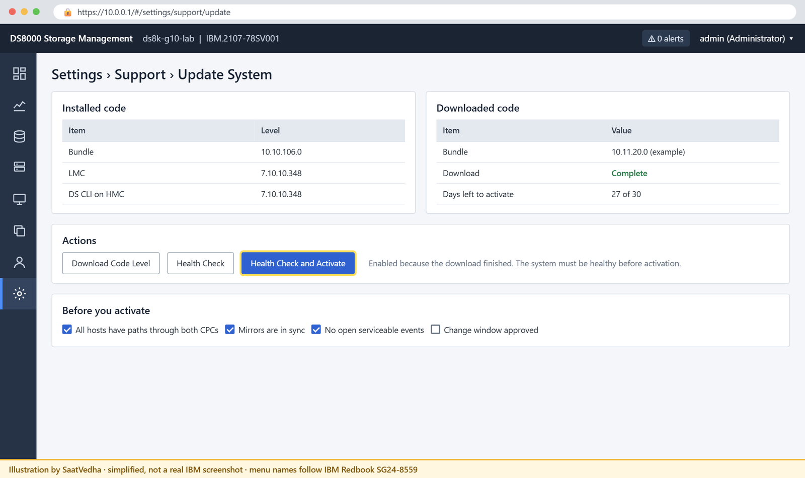 DS8000 GUI Settings Support Update System with Health Check and Activate enabled after download