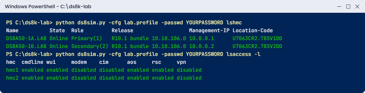 Practice shell lshmc and lsaccess -l through a DS CLI profile with both HMCs