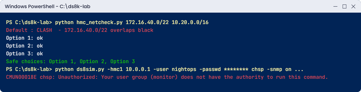 HMC private network clash check and a monitor user denied a change
