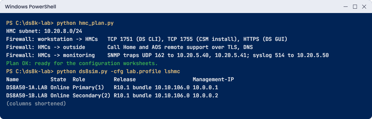 HMC network plan check and lshmc output in the practice shell