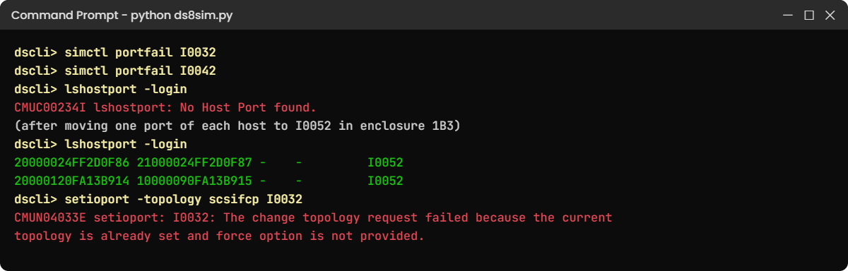 Practice shell break lab: both host ports in one enclosure fail, then rezoning and a topology error