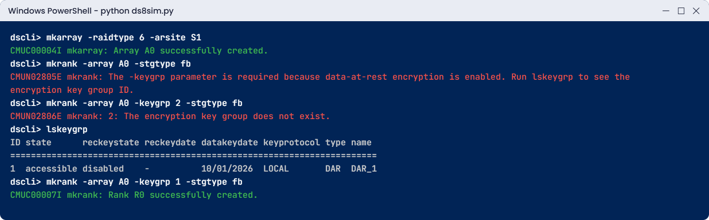 Practice shell: mkrank without -keygrp and with a wrong key group, then the fix