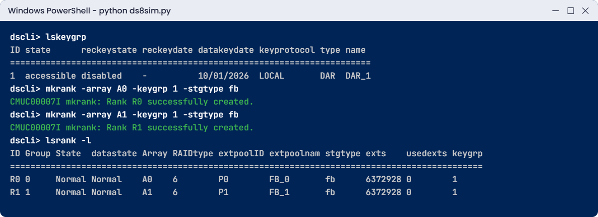 Practice shell: lskeygrp, mkrank with -keygrp 1 and lsrank -l showing keygrp 1