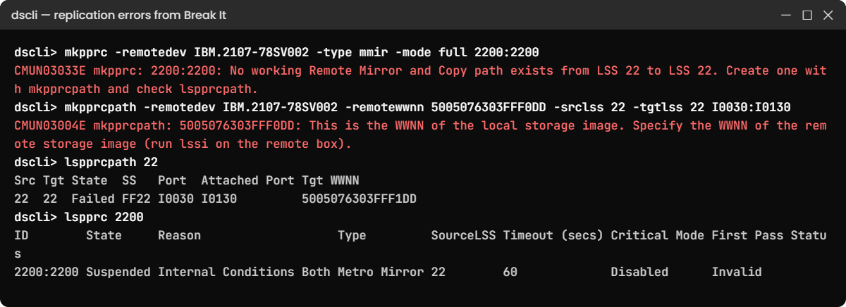 Practice shell errors: no path, local WWNN, path failed and pair suspended