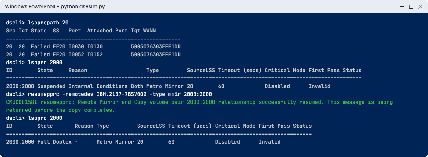 Practice shell: both PPRC paths Failed, pair Suspended, then resumepprc brings it back to Full Duplex