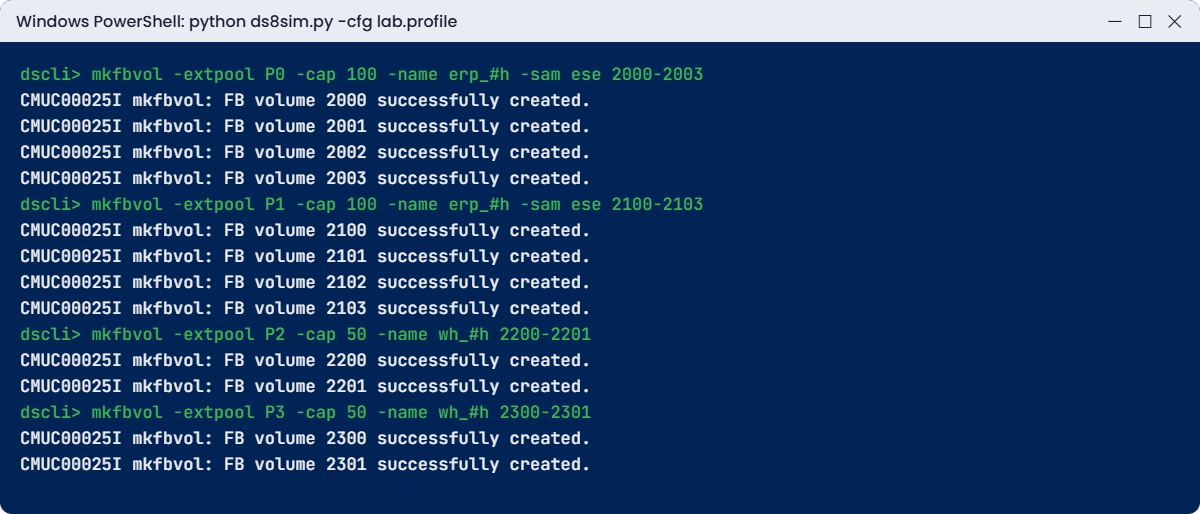 Practice shell mkfbvol creating ESE and standard volumes in four pools