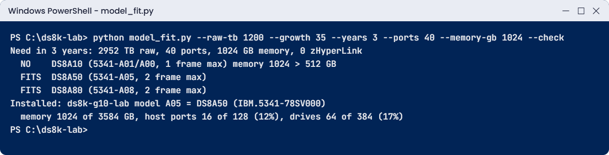 model_fit.py output sizing DS8A10, DS8A50 and DS8A80 in the practice shell lab