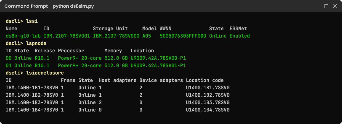 Practice shell output of lssi, lspnode and lsioenclosure on the lab DS8A50