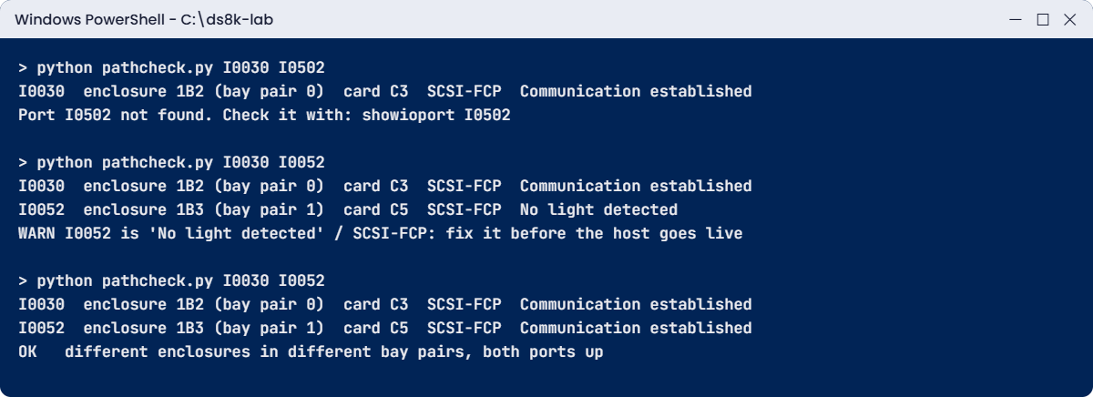 pathcheck.py with a mistyped port and a port with no light