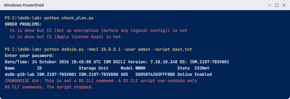 Order problem in the project plan and a DS CLI script stopped by a shell command