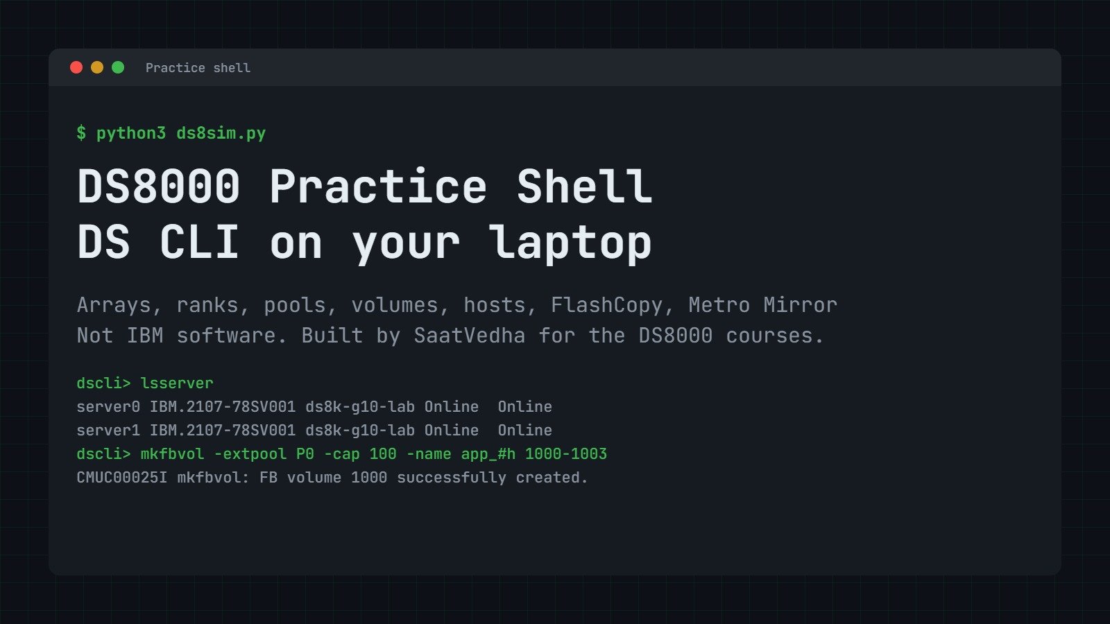 DS8000 practice shell running DS CLI commands on a laptop