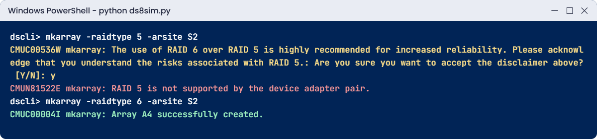 Practice shell: RAID 5 rejected with CMUN81522E, RAID 6 array created instead