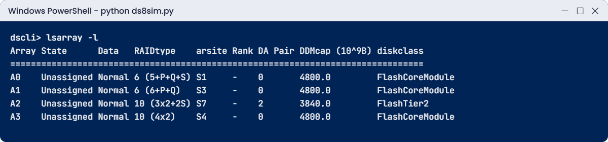 Practice shell lsarray -l showing four DS8A00 array types