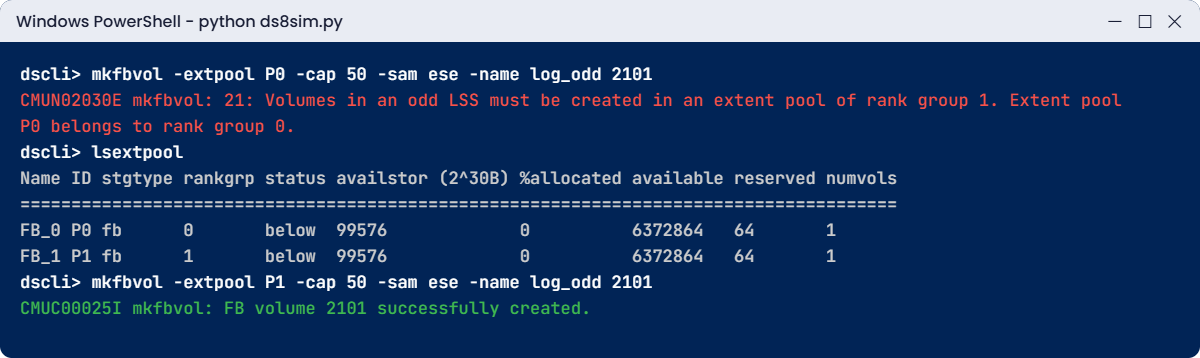 Practice shell: CMUN02030E when an odd LSS volume is created in a rank group 0 pool