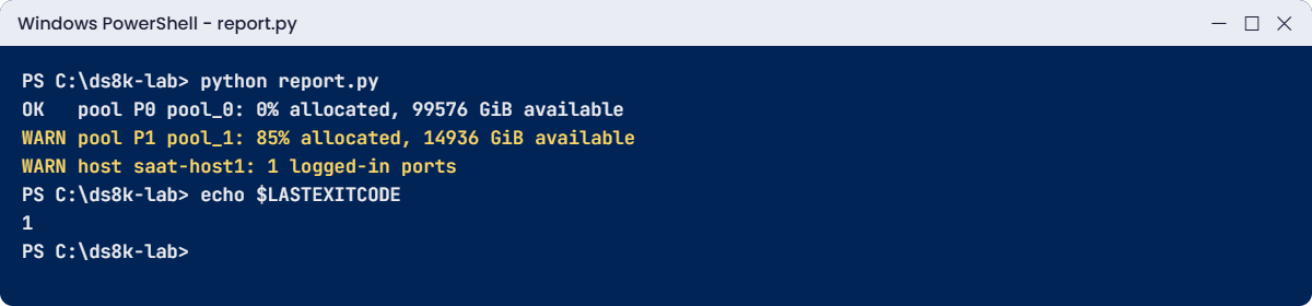 report.py prints WARN lines and exit code 1 in the practice shell lab