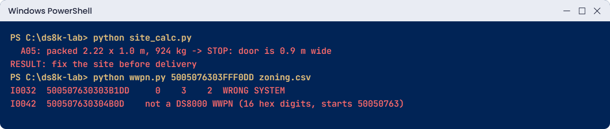 Site check stopped by a narrow door and WWPN typos caught by the decoder