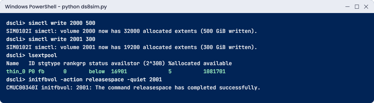 Practice shell: thin volume writes, lsextpool and initfbvol releasespace