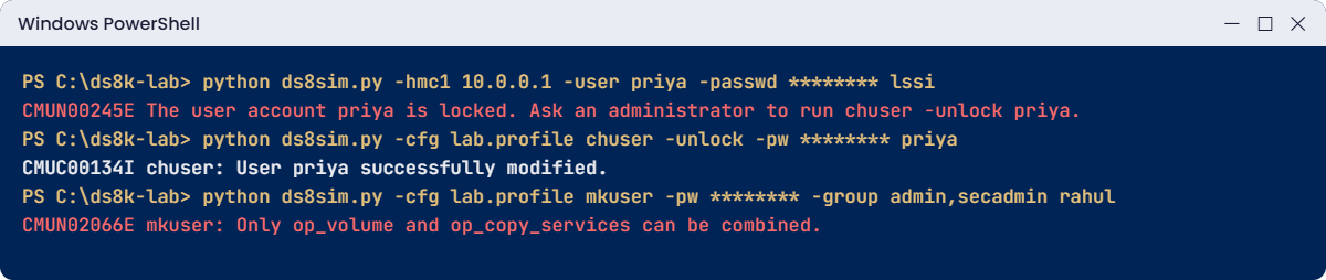 Locked DS8000 user, reset with chuser, and a refused role combination