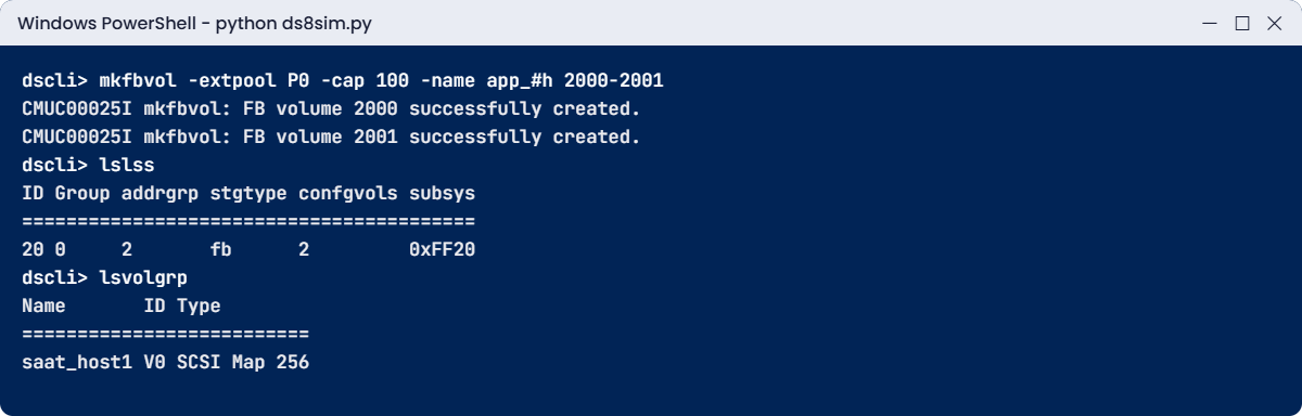 Practice shell: mkfbvol, lslss and lsvolgrp output