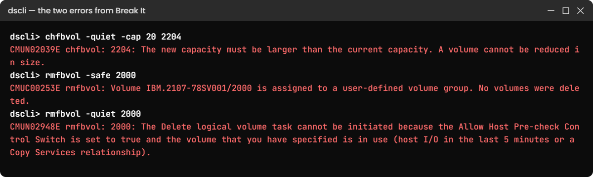 Practice shell errors: shrink refused and rmfbvol blocked on an in-use volume