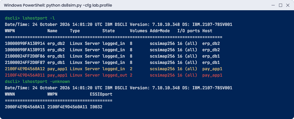 Practice shell: mistyped WWPN shows logged_out while the real one stays unknown