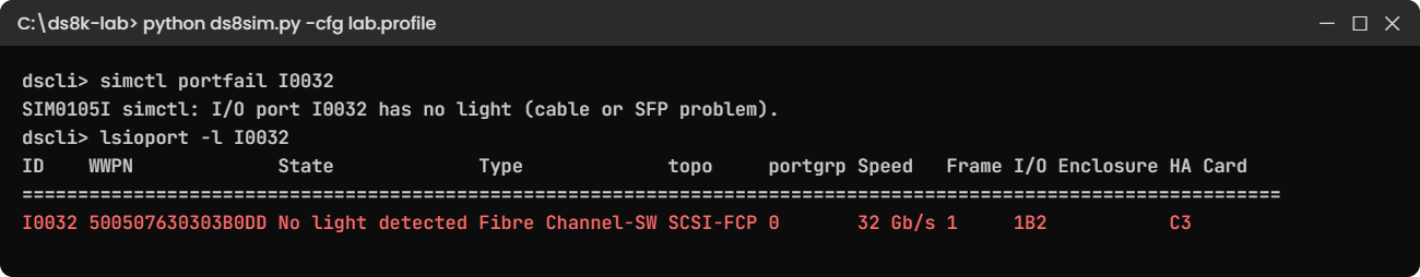lsioport -l shows I0032 with no light detected in I/O enclosure 1B2, card C3