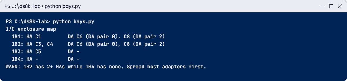 bays.py output: host and device adapters per I/O enclosure with a spread warning