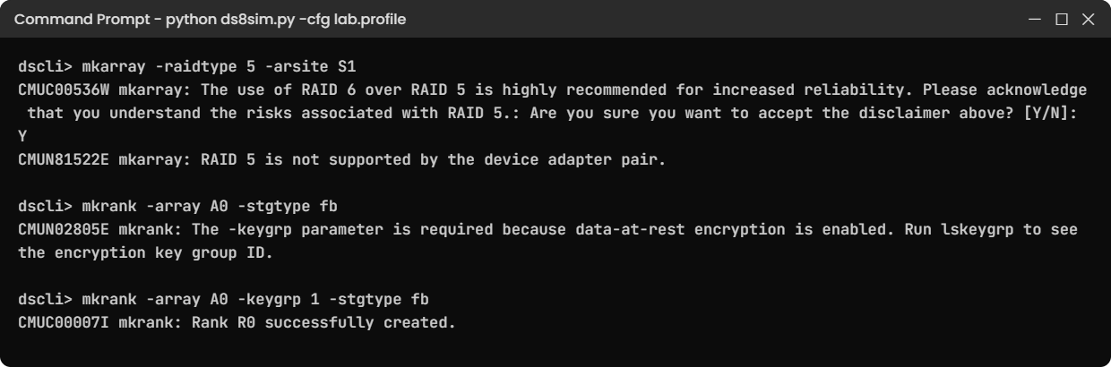 RAID 5 and missing key group errors in the practice shell