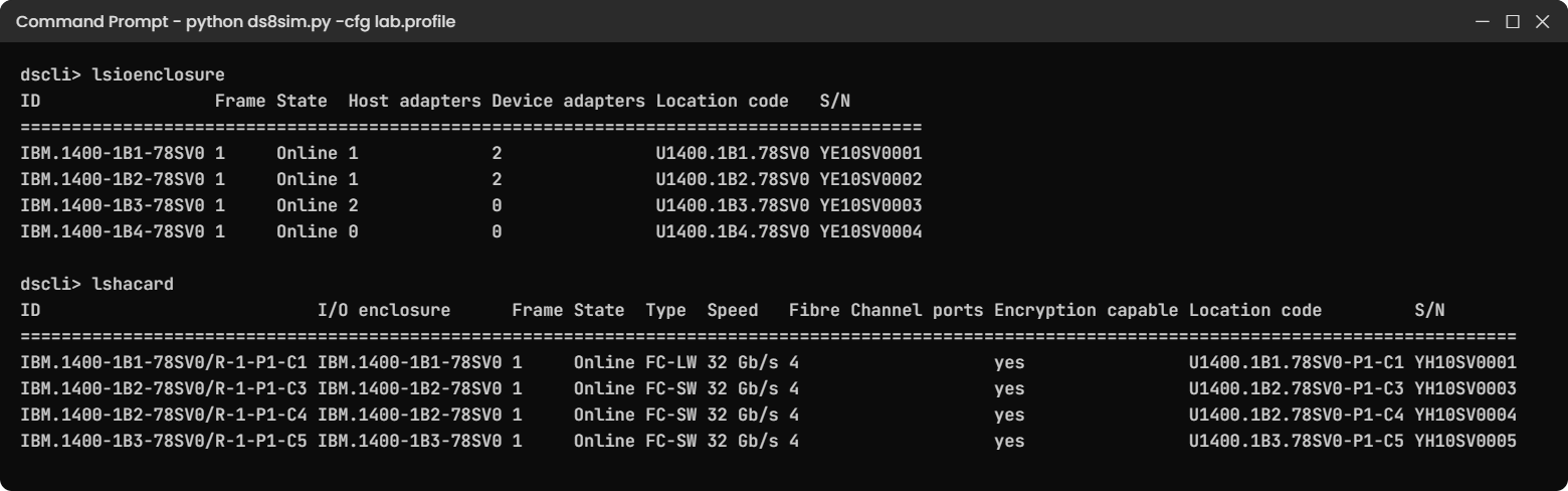 Practice shell lsioenclosure and lshacard output