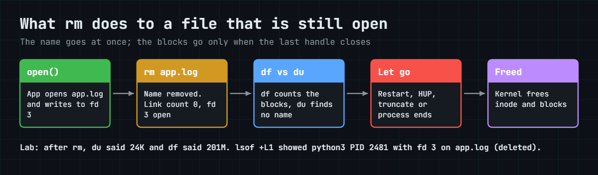 du df mismatch explained: what rm does to a file that a process still has open