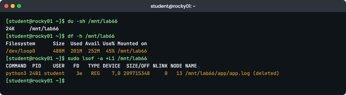 du df mismatch lab: lsof +L1 shows the deleted app.log held by python3 on rocky01