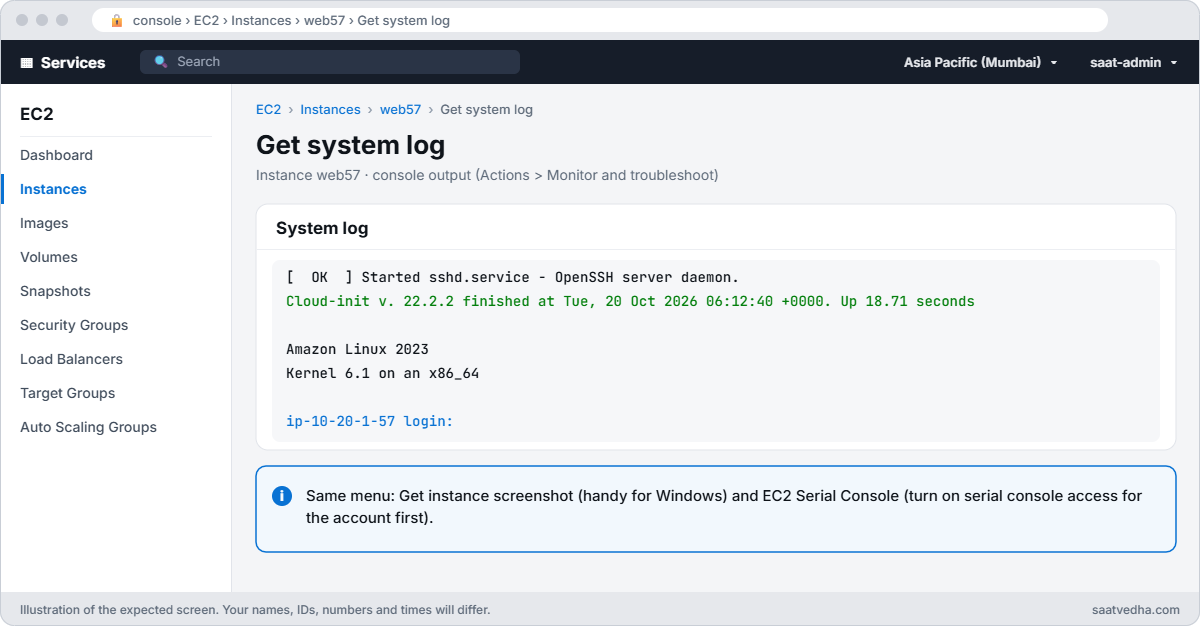 EC2 Get system log output for web57 showing cloud-init finished and the login prompt