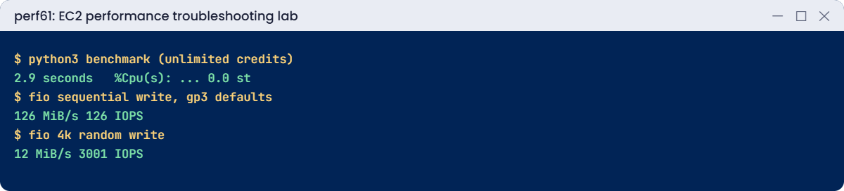 EC2 performance troubleshooting lab output: CPU benchmark and fio results