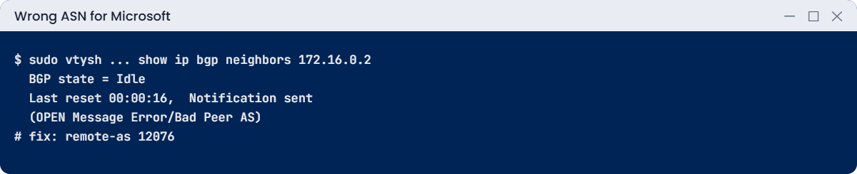BGP session Idle with Bad Peer AS notification