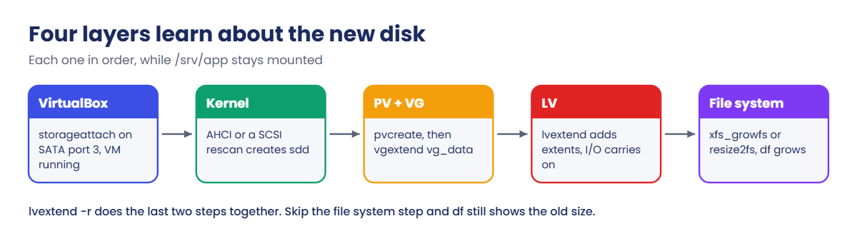 Extend LVM online: the chain from a hot-added VirtualBox disk to a bigger file system