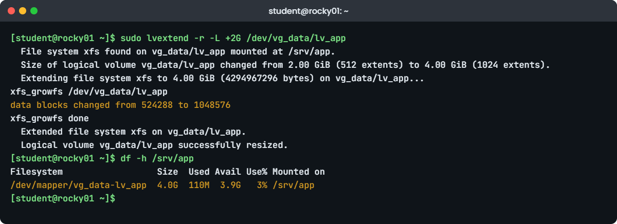 Extend LVM online lab: lvextend -r and df on rocky01