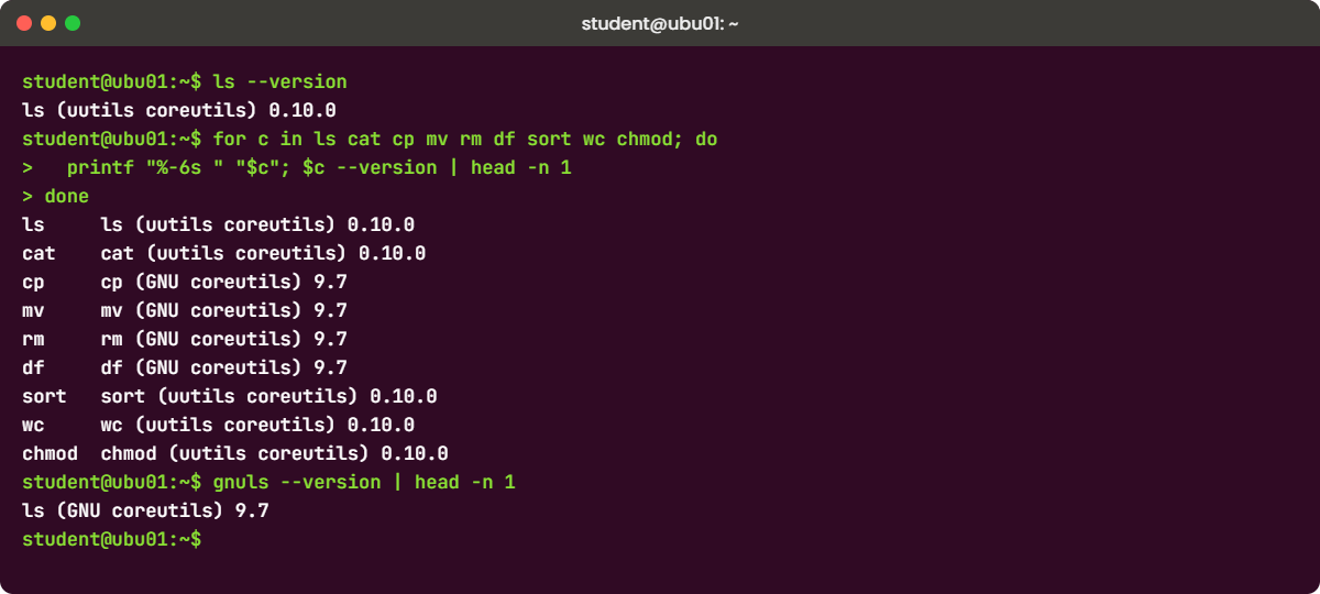 GNU project lab output on Ubuntu 26.04 showing uutils and GNU coreutils versions