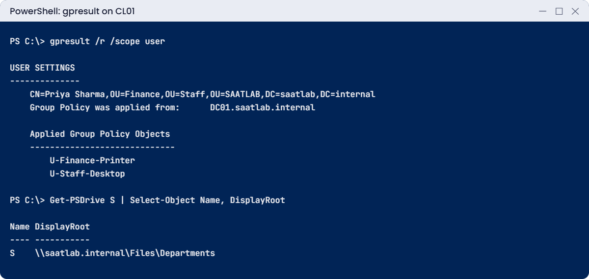 Group Policy lab: gpresult shows both user GPOs and the mapped S: drive
