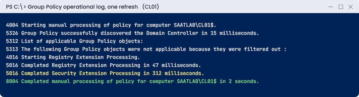 Group Policy troubleshooting lab: one refresh in the GroupPolicy operational log