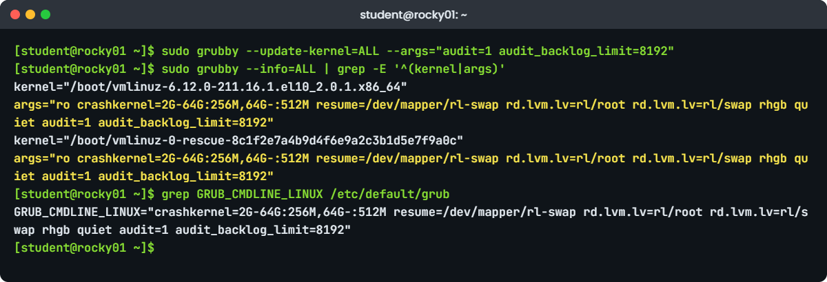 GRUB and dracut lab: grubby --update-kernel=ALL --args on rocky01