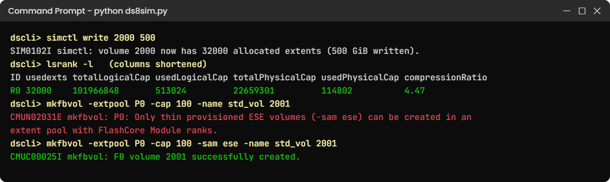Practice shell lsrank -l on a FlashCore Module rank with compression ratio, and the ESE-only rule