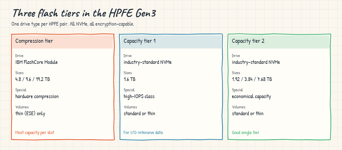 HPFE Gen3 flash tiers: FlashCore Modules, capacity tier 1 and capacity tier 2 drives